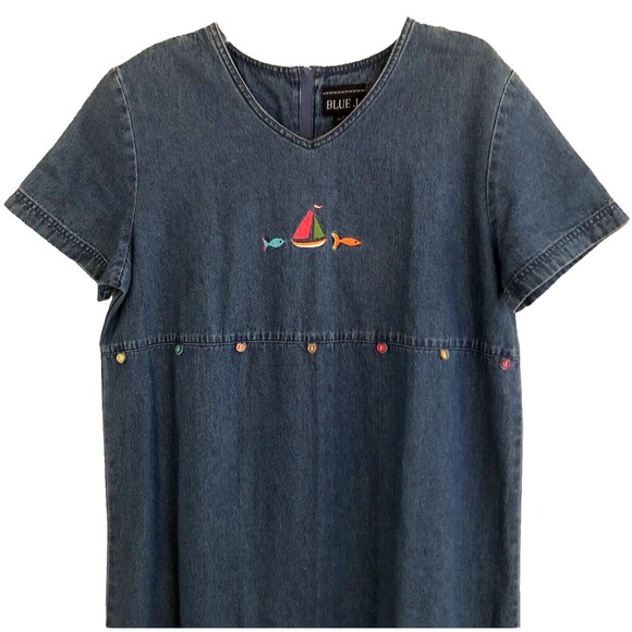 BLUE J. Embroidered Denim Midi Dress Womens Sz L 90s Modest Coastal Teacher Core - Picture 1 of 16
